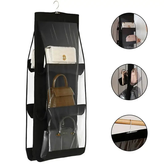 Black Handbag Hanging Organizer With 6 Pockets Foldable Oxford Cloth Handbag Storage Bag For Family Closet Bedroom
